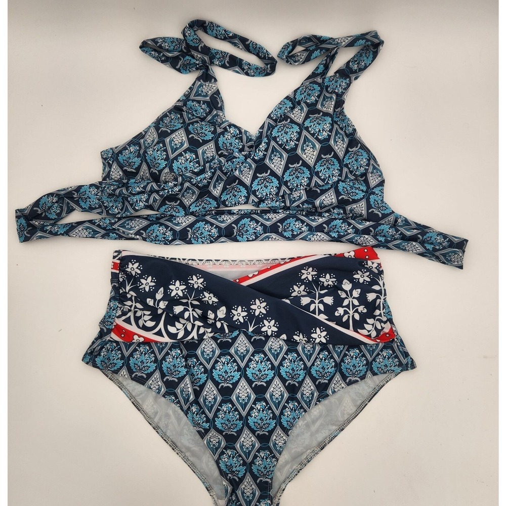 Navy Aqua Patterned Two-Piece Style Swimsuit with Red Accents